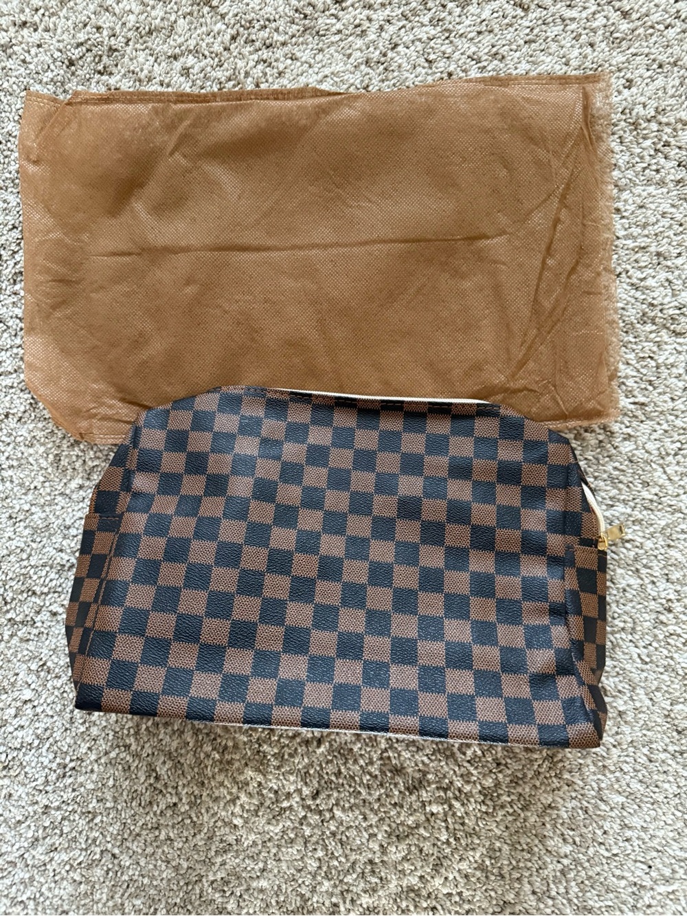 Classic Checkered Cosmetic Pouch in Brown NEW